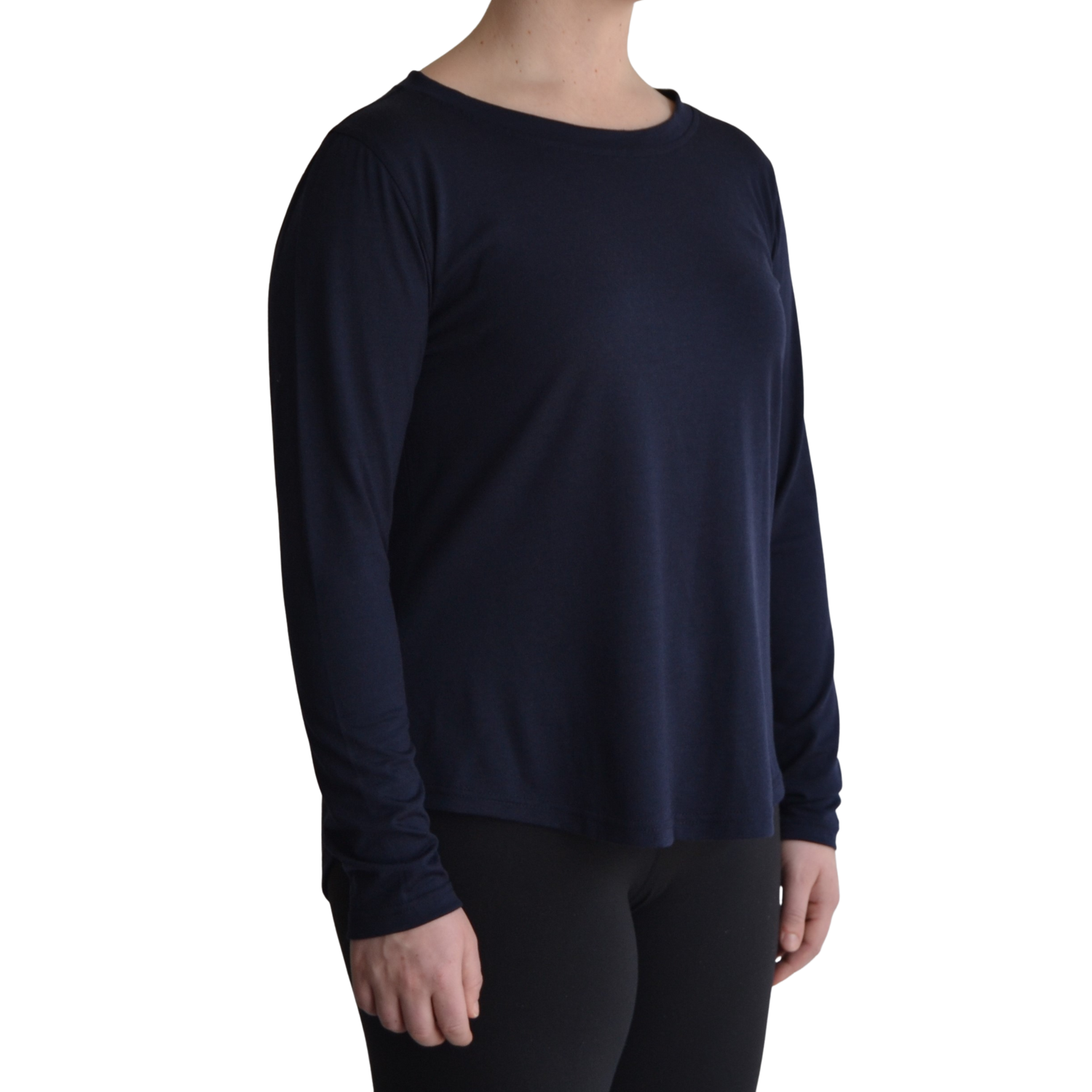 Links long sleeve merino top in navy blue colour. The model is standing on 45 degree angle facing forward